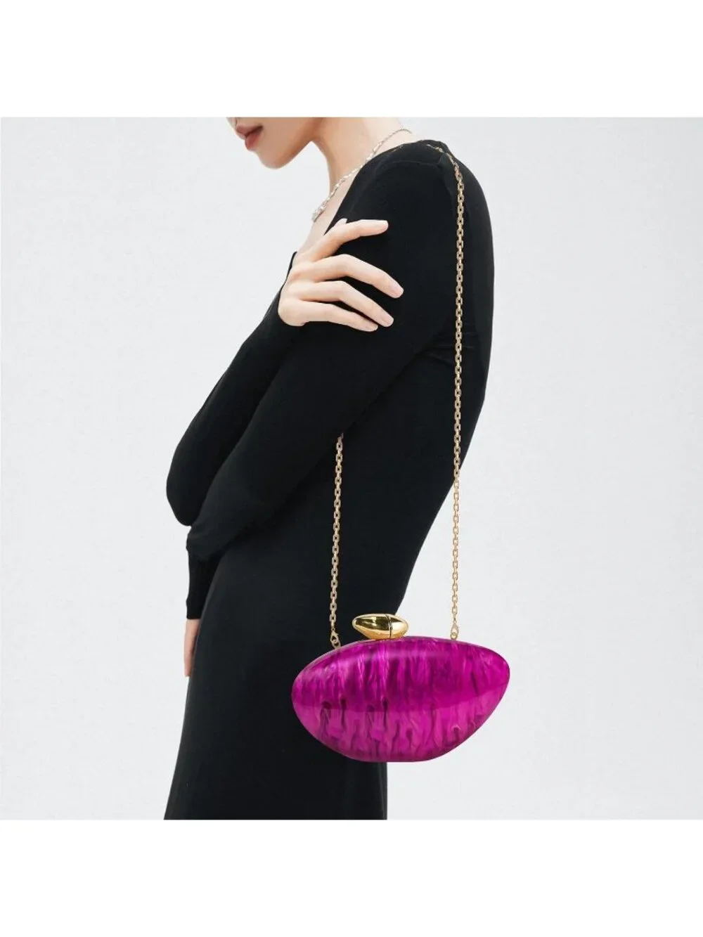 Women's Marble Pink Tortoise Shell Acrylic Clutch Purse Gold Evening Handbag